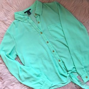 Mint green tie front blouse